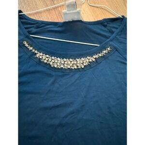 Jaclyn Smith Women's 3/4 Sleeve Pullover Shirt Blouse Blue Rhinestones Size XL‎